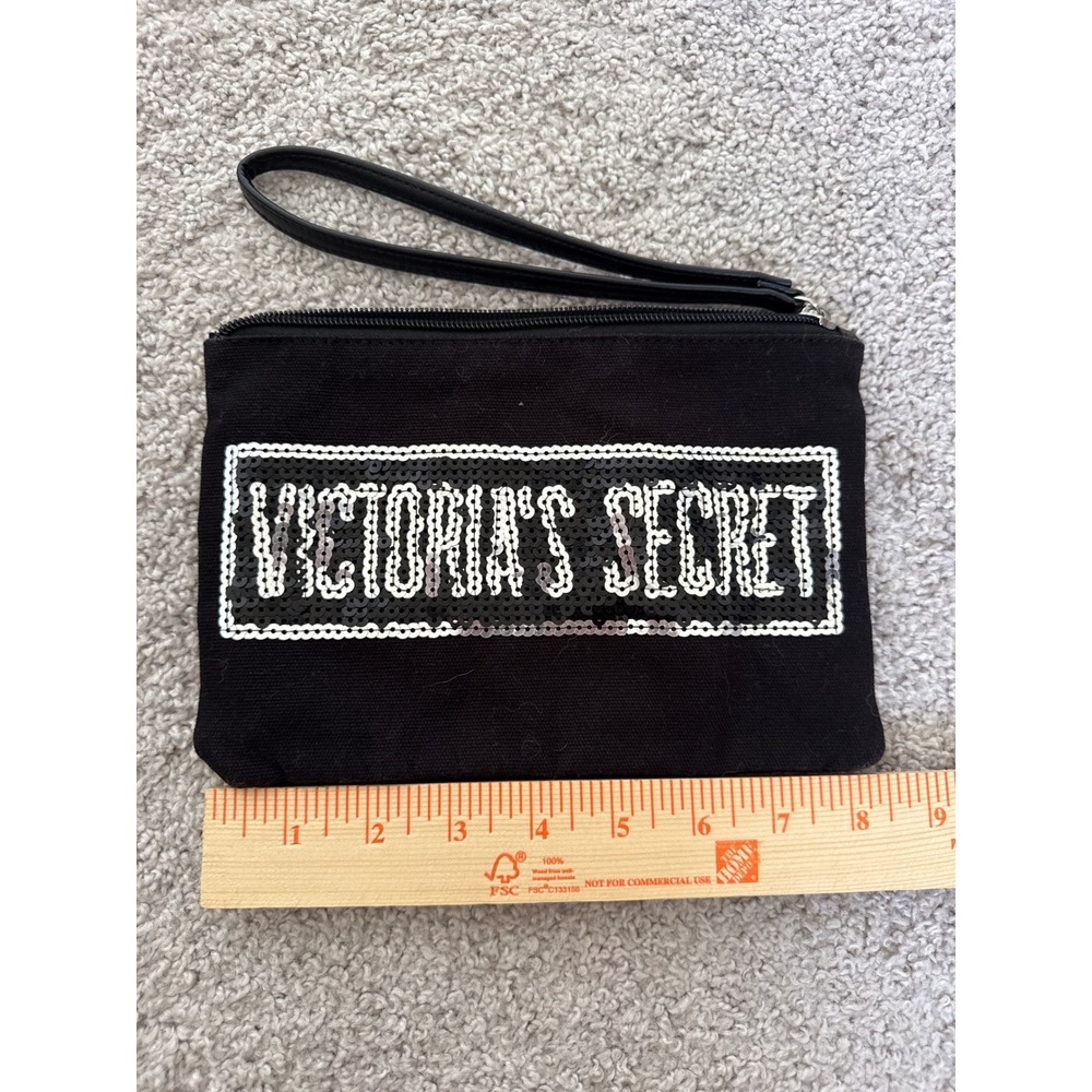 Victorias Secret Black Canvas Sequin Logo Wristlet Pouch Zipper Clutch Bag - Picture 2 of 5